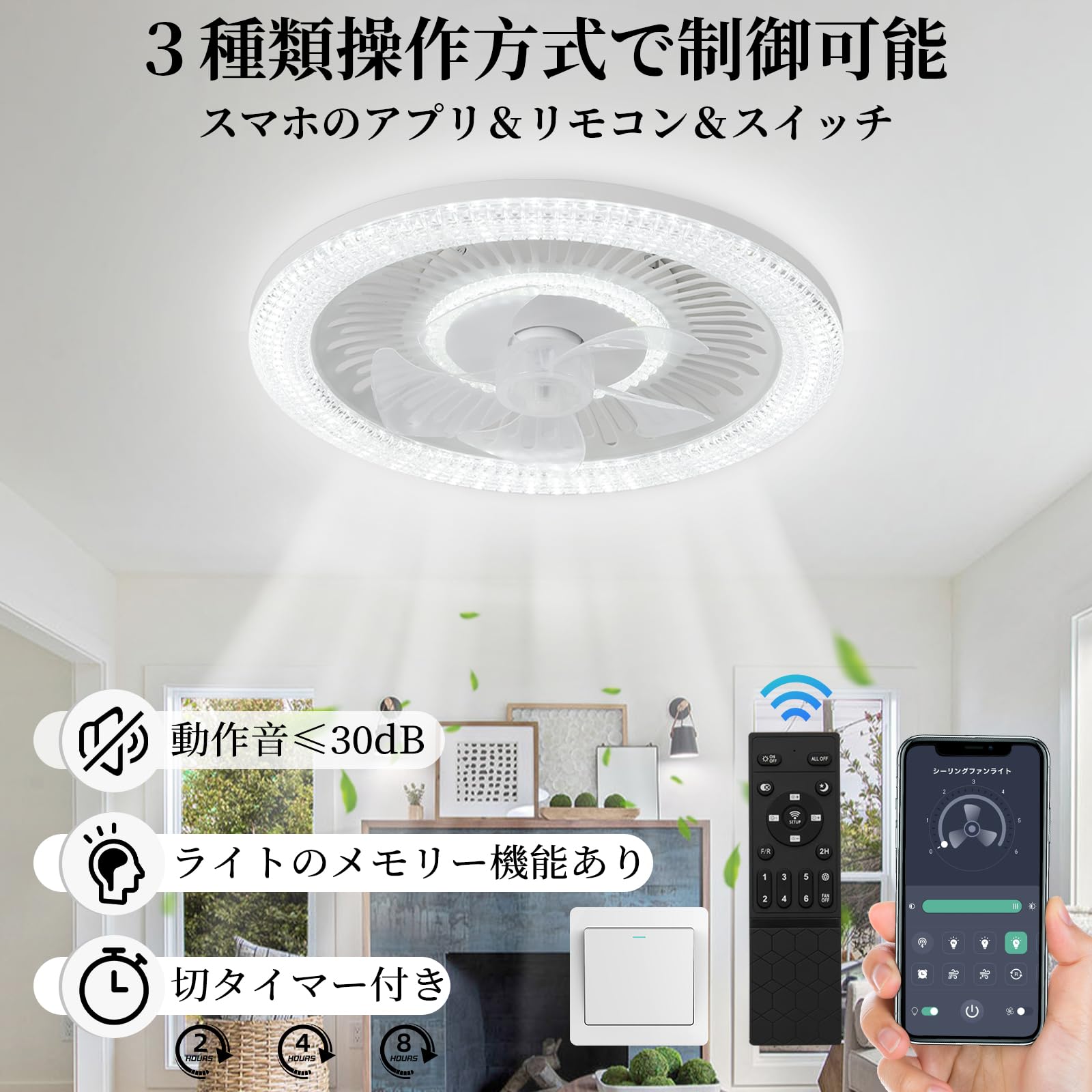 Ceiling Fan Light, 19.7 inches (50 cm), Fan, 2-in-1, APP Remote Control, LED Ceiling Light, Ceiling Light with Fan, PSE Certified, Daylight Color, Daylight Color, Daylight White, Bulb Color, No