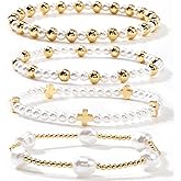 EQUBIO Gold Beaded Cross Bracelet for Women, 14K Plated Adjustable Stackable Dainty Bracelets,Non Tarnish Fashion Jewelry Set Gifts for Women Birthday Friendship