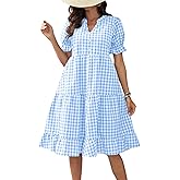chouyatou Women's Y2k Plaid Babydoll Dress Puff Sleeve Ruffle Hem Short Dress Retro Gingham Swing Midi Dress