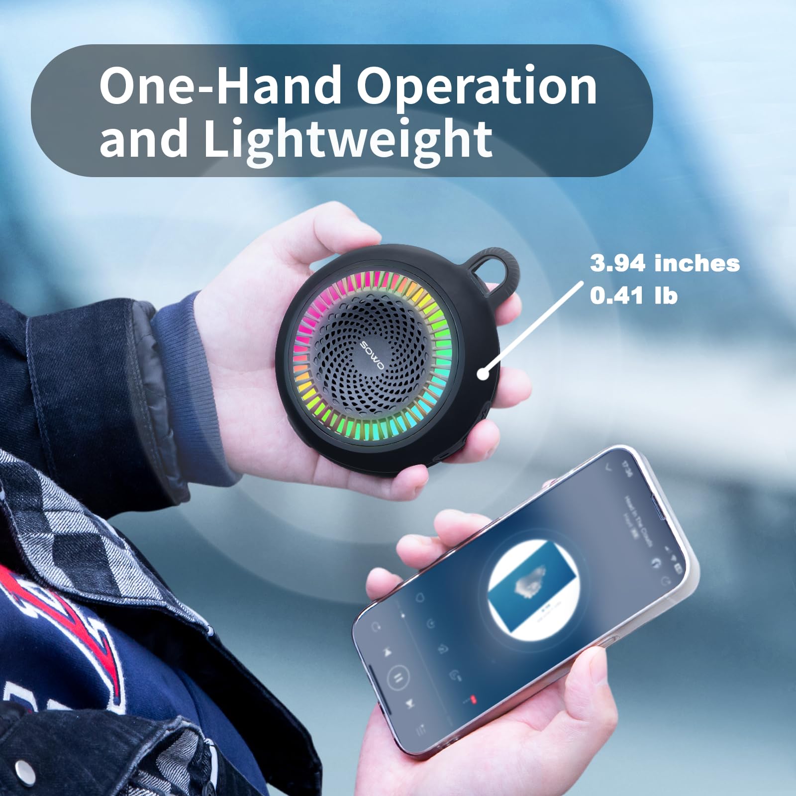 SOWO Shower Speaker Bluetooth Waterproof | Small Portable Wireless Bluetooth Speaker with Clip | Powerful Bass and Louder Volume | Colorful Lights and Lightweight | for Bathroom,Travel,Beach | Black
