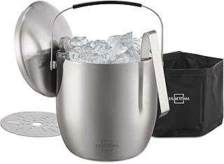 SILBERTHAL Eiswürfelbehälter mit Deckel und Zange - Edelstahl - Doppelwandig Isoliert - Extra Kühlung mit Kühlmanschette - Eiseimer 3L