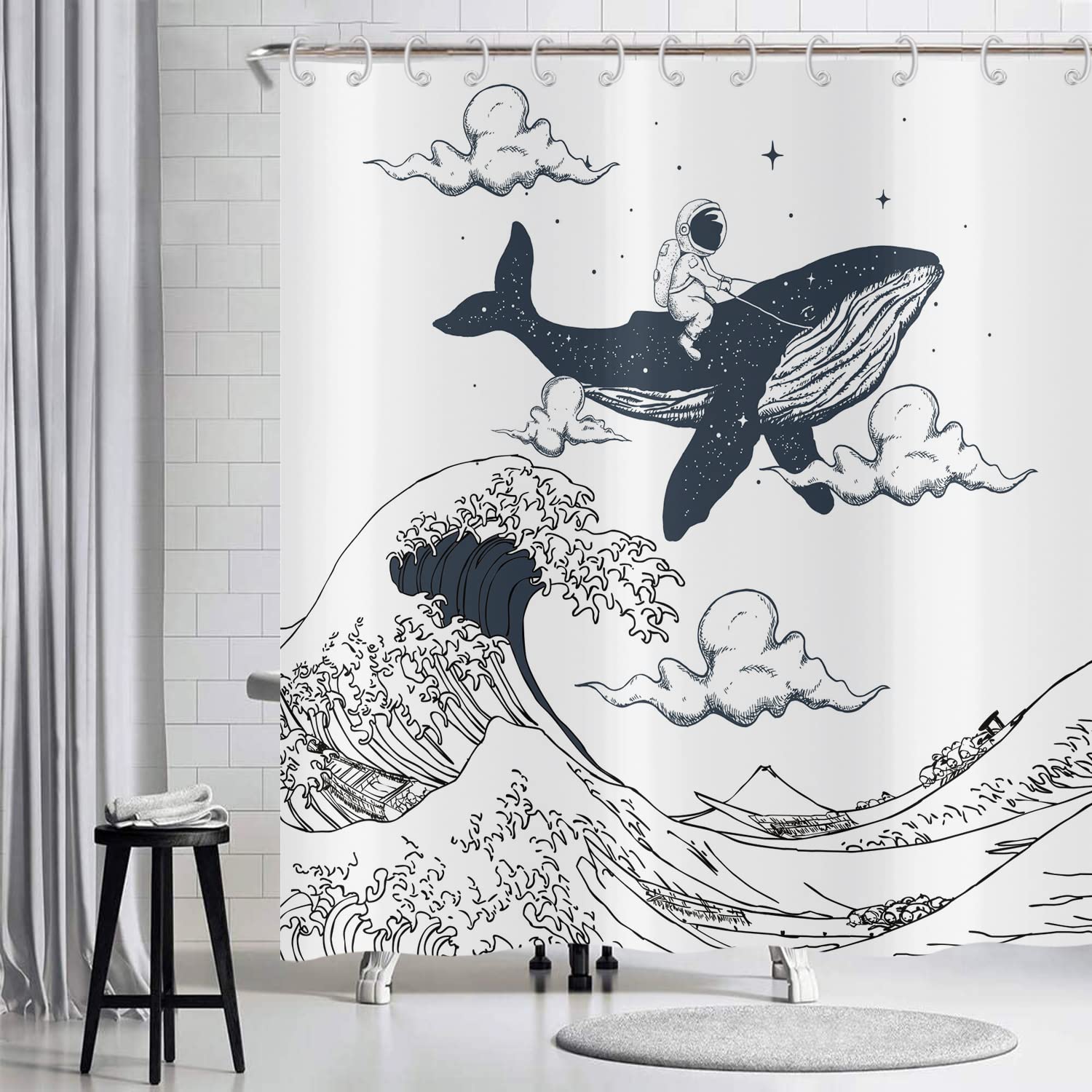 Hnmdmyi Funny Shower Curtain 180x180, Astronauts Riding Whales in Ocean Wave Bathroom Curtains Oriental Vintage Kanagawa Japanese Wave Art Kids Waterproof Fabric Washable Bath Curtains with Hooks