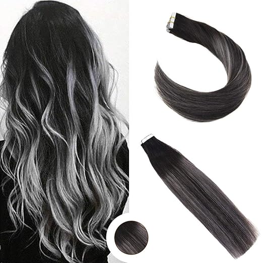 Ugeat 18zoll/45cm Ombre Echthaar Tressen Tape Extensions Hair 50g Glue in Extensions Echthaar Band Haar Schwarz mit Dunkelbra