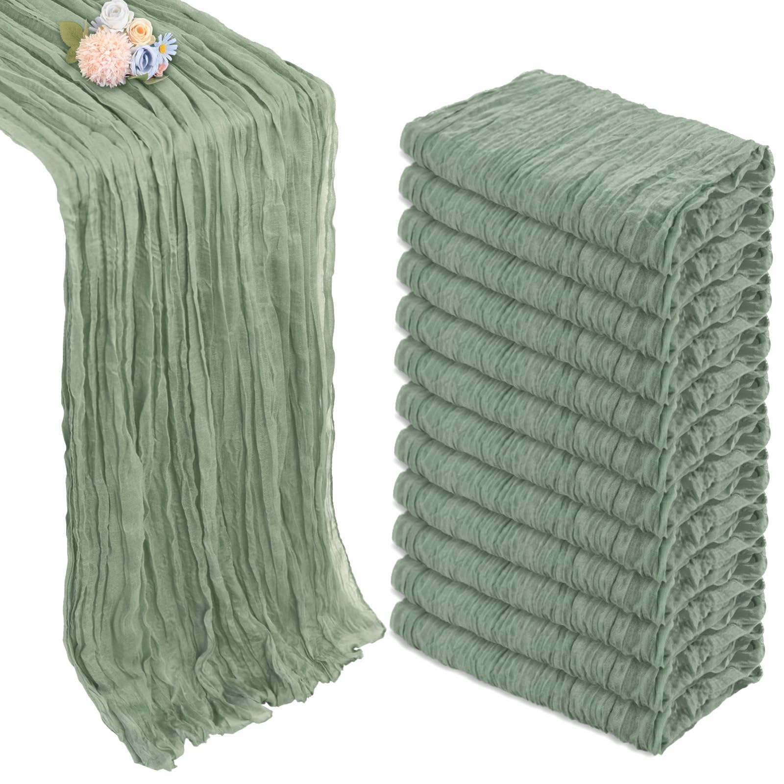 Photo 1 of 12 Pack Sage Green Cheesecloth Table Runner 10ft Boho Gauze Fabric Cheese Cloth Table Runner 35 x 120 Inch Rustic Sheer for Romantic Wedding Decor Baby Shower Party Table Centerpiece Decoration