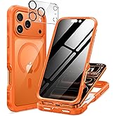 seacosmo for iPhone 17 Pro Max Case, Full Body Bumper with Built-in Tempered Glass Privacy Screen and Camera Lens Protector, Compatible with MagSafe, Shockproof 17 Pro Max Phone Case, 6.9", Orange
