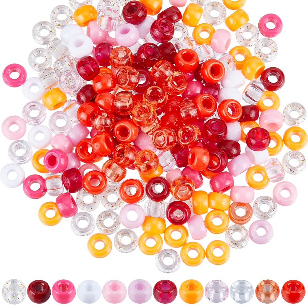 SUNNYCLUE 1200Pcs Pony Beads Bulk Red Fixed Mixed 6x9mm Plastic Pony Beads Transparent Opaque Large Hole Hair Braid Glitter Perforated Pink Orange for Jewellery Making Kits