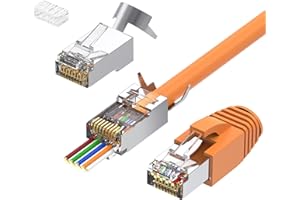 Proster Cat7 Pass-Through RJ45 Connectors - 10PCS Gold Plated Ethernet Connectors with Orange Boots & Storage Jar, for Easy E