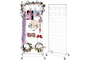 AHOWPD Gridwall Panel Display Stand Rack- Heavy-Duty Movable Wire Gridwall Display Racks with Wheels and Feet, Floorstanding and Wall Mount Double Side Display Stand (Black) (White, 2 pcs)