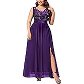 Knitee Women's Plus Size Sequin Lace Deep V-Neck Sleeveless Slit Formal Dresses