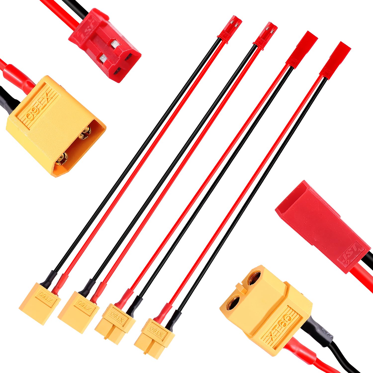Lyeteung 4 PCS JST to XT60 Adapter Cable, XT60 Male / Female to JST Male / Female Connector, with 15cm 20AWG Silicone Cable, for RC LiPo Battery