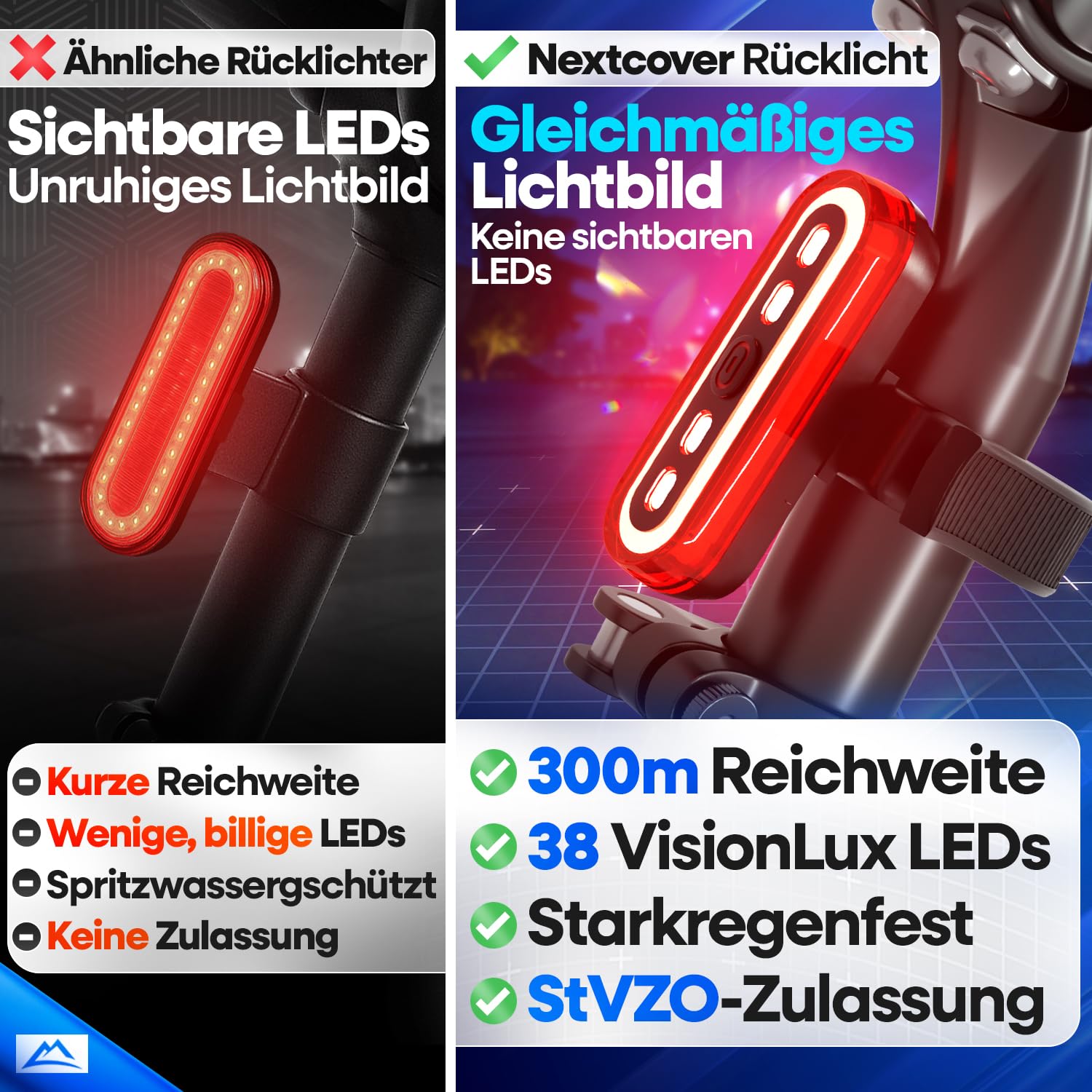 NEXTCOVER® Rücklicht Fahrrad mit [VisionLux] LEDs und Bremslicht I StVZO zugelassen I LED Fahrradrücklicht mit 8 Stunden Akku I Fahrradlicht hinten für Rennrad, E-Bike, Rücklicht 7