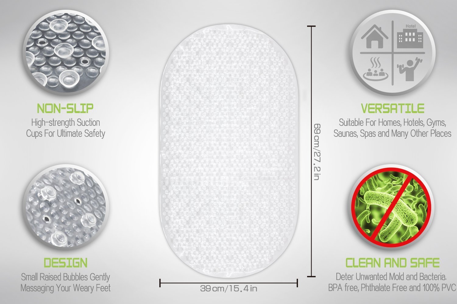 Bligli Bath, Shower, and Tub Mat, Antibacterial, BPA, Latex, and Phthalate Free, Long Enough, Machine Washable, Highest Quality Materials (Clear: Rectangle 15.35\'\' x 27.17\'\')