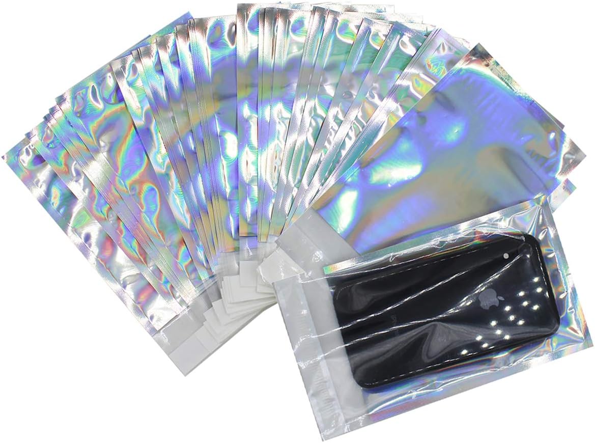 Holographic Aluminum Foil Self-Adhesive Bag Food Grade Clear Stoarge Pouches Snack Accessories Gift Package Bag (50Pcs, 6.5 x 4.5in + 1.6in)