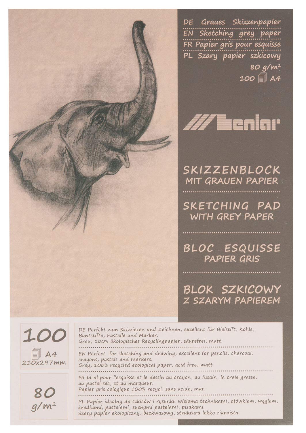 Honsell 31221 80gsm A4 Sheet Sketch Pad - 100% Eco Recycled Paper with Rough Surface for Drawing and Sketching