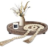 RUITENG Round Wood Tray with Wood Bead Garland for Home Decor, Wooden Decorative Serving Tray, Distressed Coffee Table Trays 