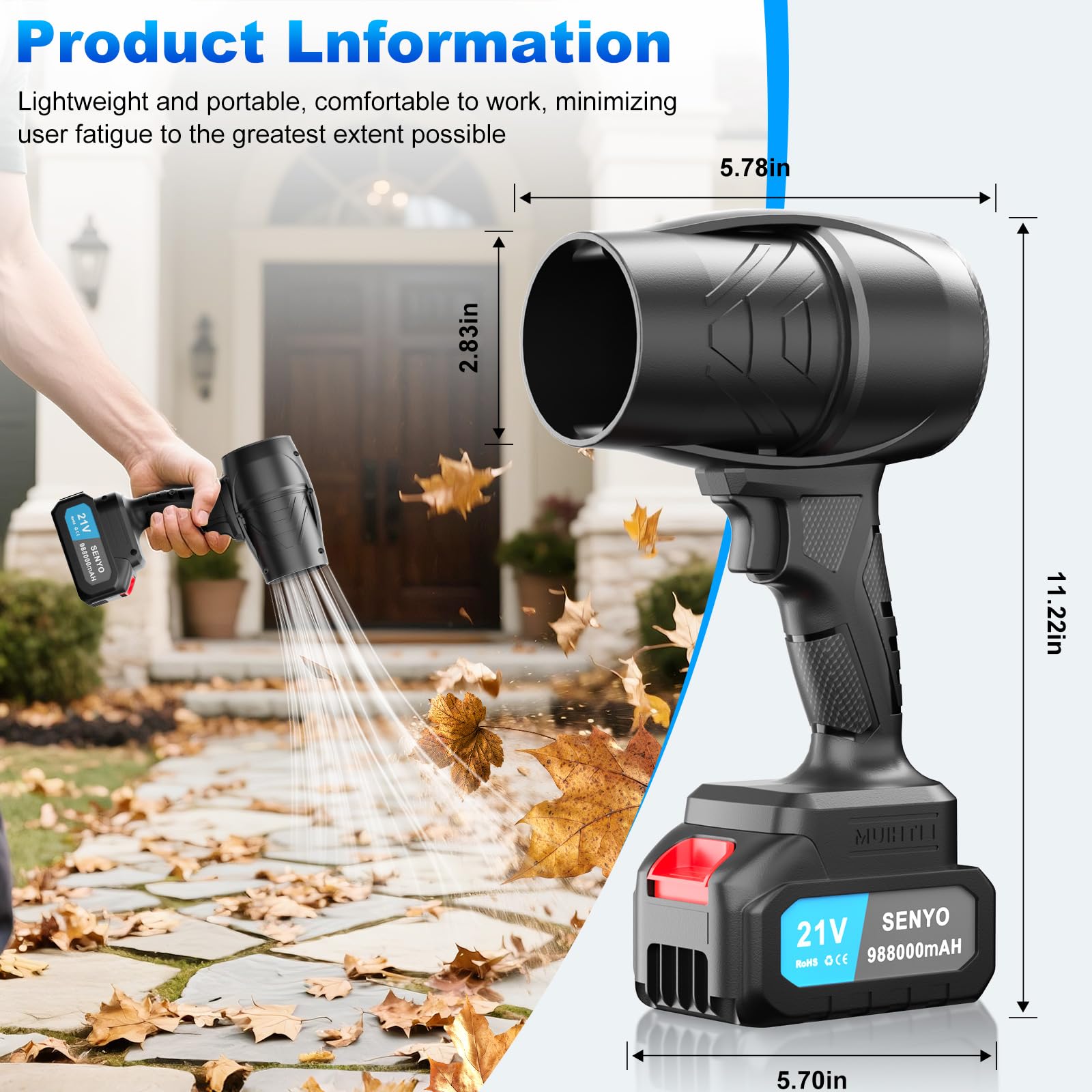 Leaf Blower Cordless with Battery and Charger, 130000RPM Handheld Turbo Jet Blower, Air Blower, Cordless Leaf Blower for Lawn, Yard, Garage, Patio, and Sidewalk Cleaning (Black)