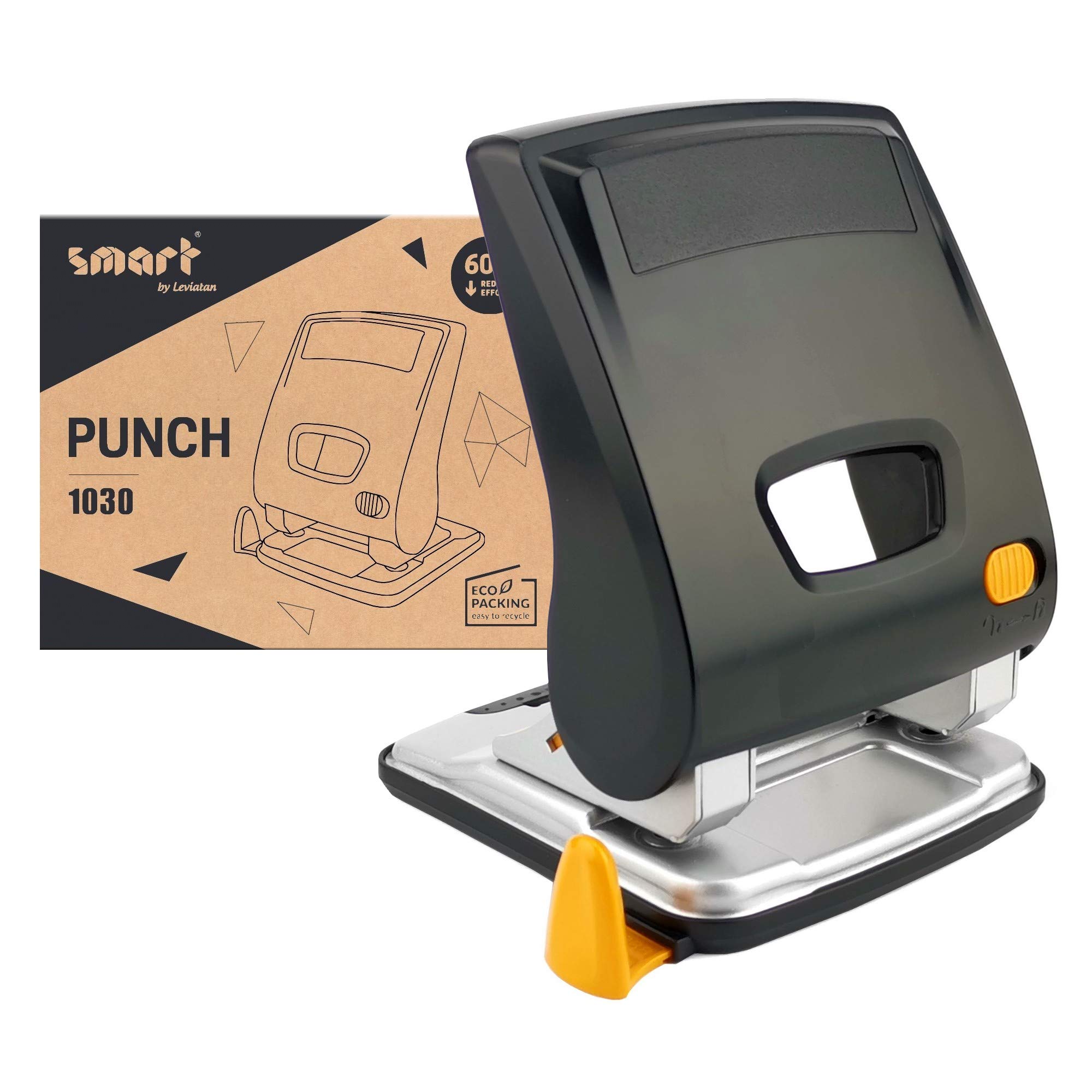 smart by Leviatan by Leviatan 1030 Less Effort Hole Punch | 60% Reduced Effort | High-Quality Ergonomic Housing | Stop Rail with Format Specifications | Paper Punch | Office Punch | 30 Sheets, Black