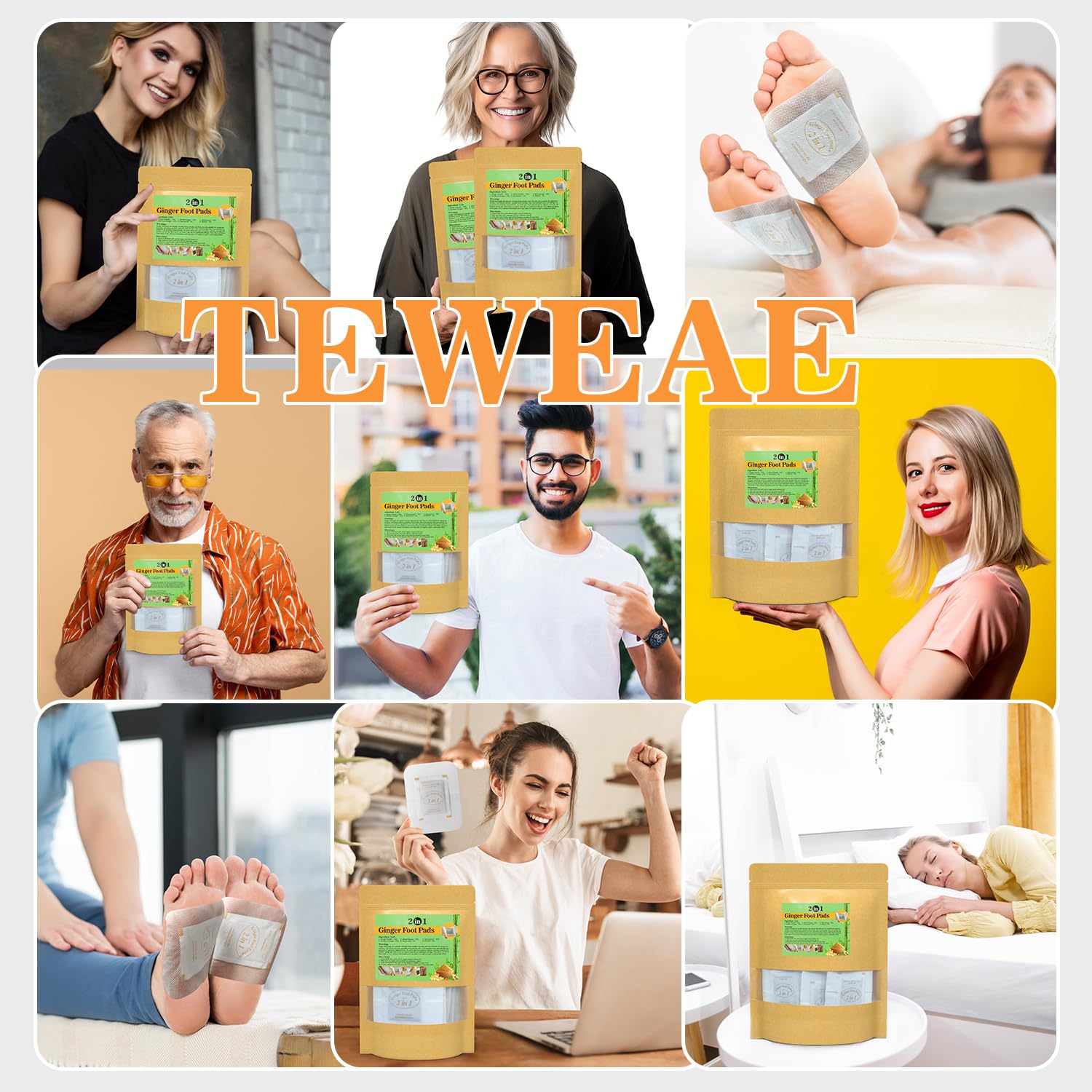TEWEAE Ginger Foot Pads, Upgrade 2-in-1, Easy to Use, Premium Natural Ingredients Ginger Powder, Bamboo Vinegar Wormwood Foot Pads with ''Stay in Place'' Adhesive (20 Pads)