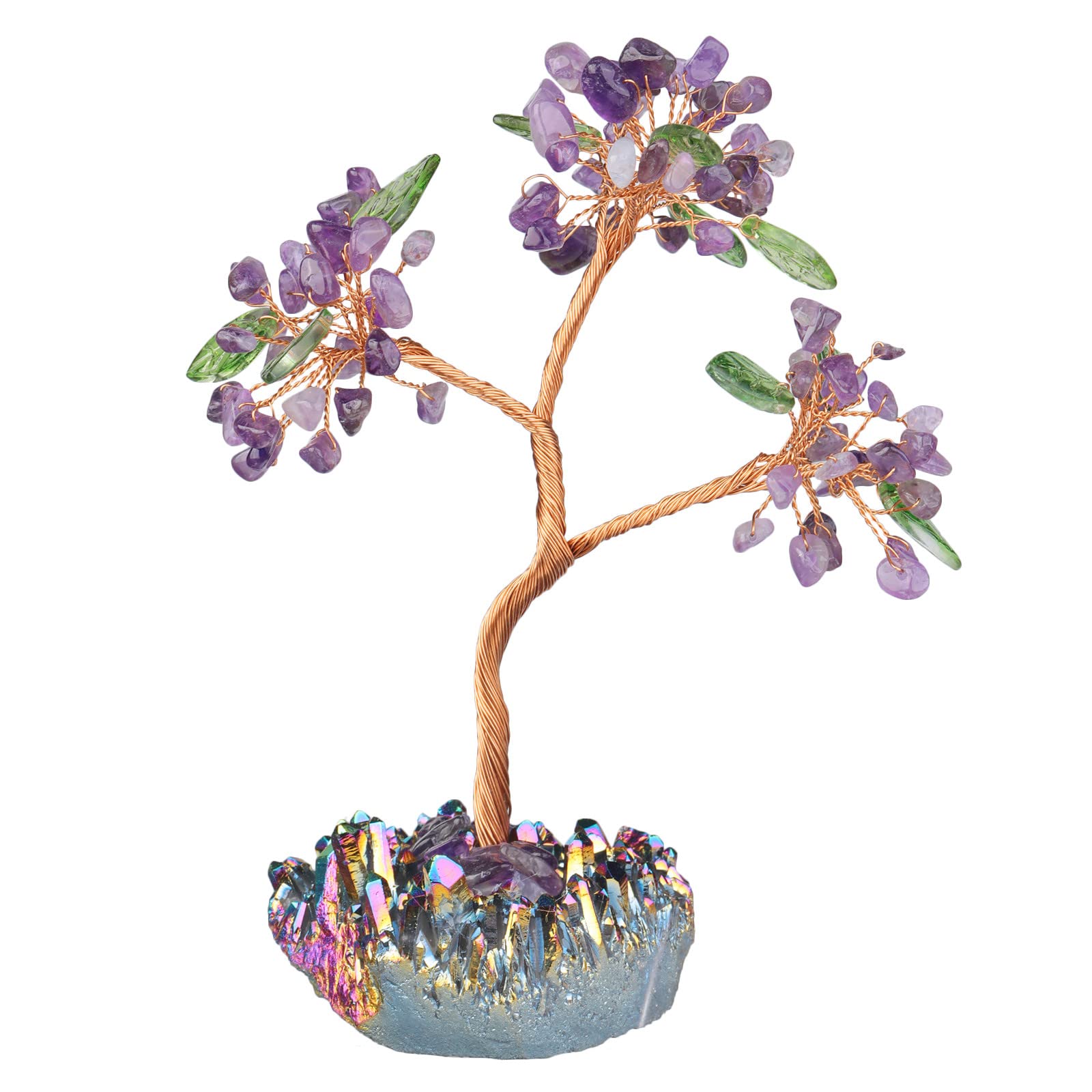 mookaitedecor Amethyst Crystal Tree of Life with Rainbow Titanium Quartz Crystal Base Feng Shui Ornament Good Luck Crystal Colourful Room Decor, Gemstone Bonsai Money Tree Rainbow Aura Quartz Gift