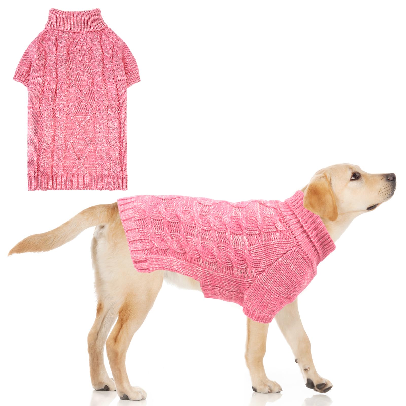 Photo 1 of KOOLTAIL Valentines Dog Sweater for Small Medium Large Dogs, Turtleneck Cable Knit Doggy Winter Coat Warm Clothes Sweatshirt Outfits for Cold Weather,Thermal Knitted Pullover for Puppy Cats Pink XL