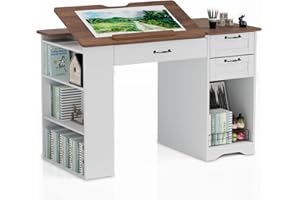 GatherHome Drafting Table with Storage Cabinet & Drawers, Adjustable Drawing Table with Open Shelves, Craft Art Desk for Artists, Painters, Drawing, Crafting, Reading, Writing, Working