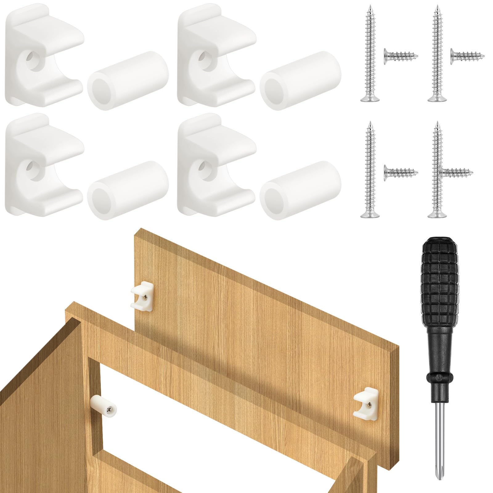 Photo 1 of Juexica False Cabinet Front Clip False Drawer Front Clips Sink Tip Out Snap with Screws Screwdrivers for Hardware Replacements(White,4 Pairs)