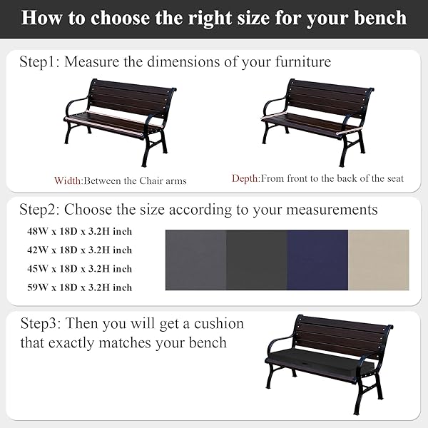 SHACOS OUTDOOR BENCH CUSHION WATERPROOF FADE RESISTANT PATIO FURNITURE CUSHIONS WITH HANDLE FOR SOFA AND CHAIR (BLACK, 48 X 18 X 3.2 IN)
