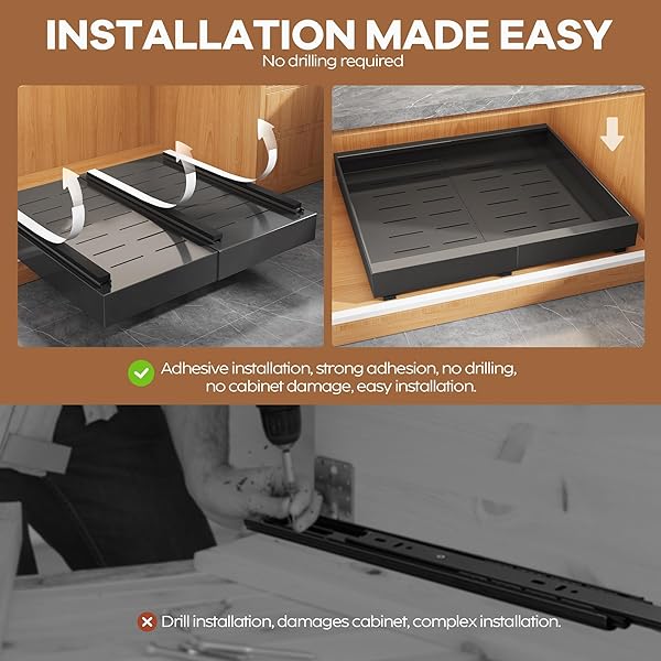 SEINLOES 4 PACK EXPANDABLE WIDTH (15.15″-26.3″) PULL OUT CABINET ORGANIZER 21″ DEEP WITH RAISING PAD FOR FRAMED CABINETS, UPGRADE 3 SLIDE RAILS SLIDE OUT DRAWERS, ROLL OUT SHELVES ADHESIVE, BLACK