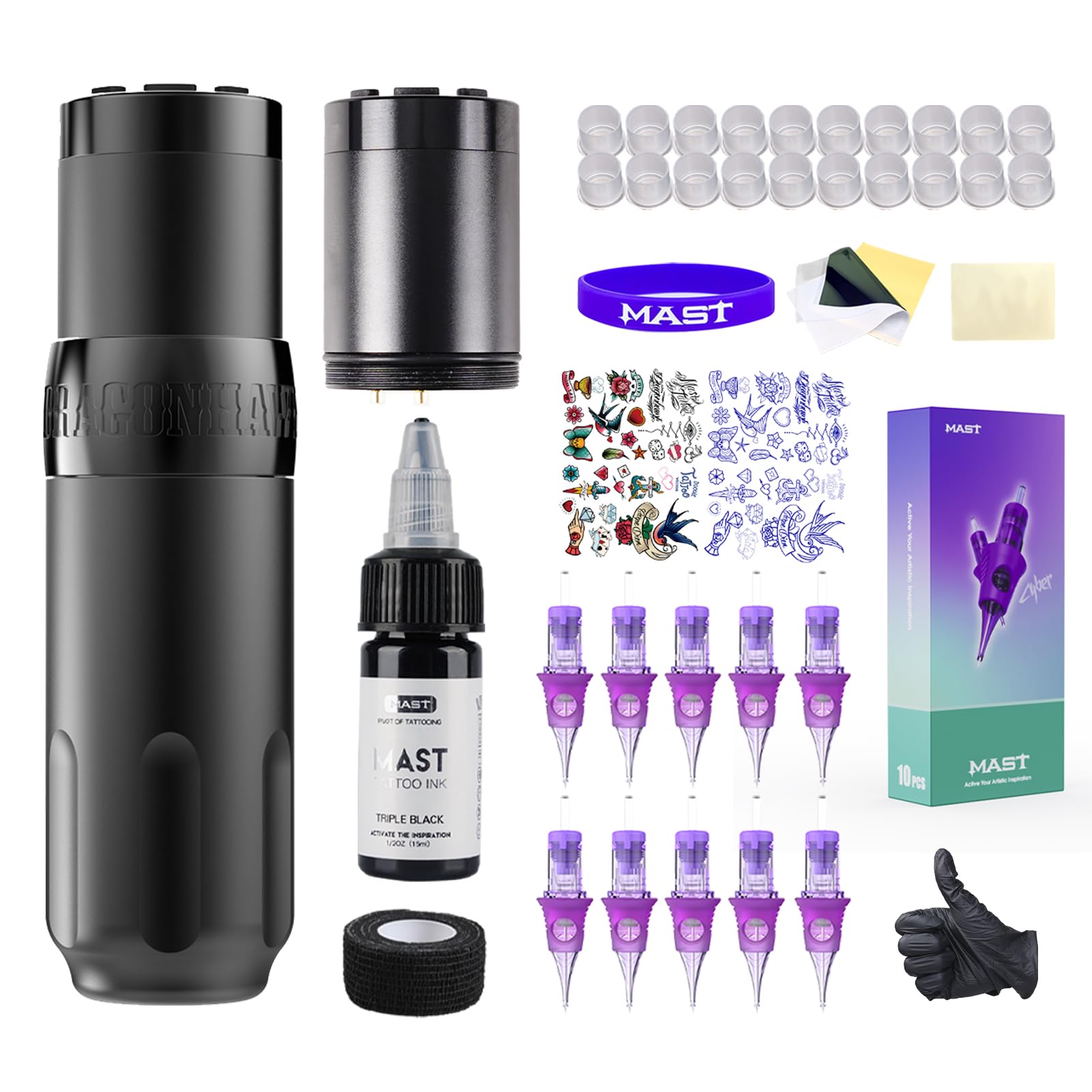 Photo 1 of Mast Tattoo Wireless Kit Rotary Tattoo Pen Machine Complete Kit 2 Batteries Pro Needles Cartridges Kit Black Ink for Beginner