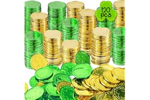 LUKBERA 120Pcs Saint Patricks Day Shamrock Coins, Green Gold Plastic Lucky Coins Clover Leprechaun Coins Table Sprinkles for St. Patrick's Day Party Decoration