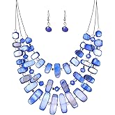 3 Layered Chunky Statement Necklace for Women Beaded Strand Necklaces with Earring Fashion Costumes Collar Necklace Jewelry Sets Gifts for Women