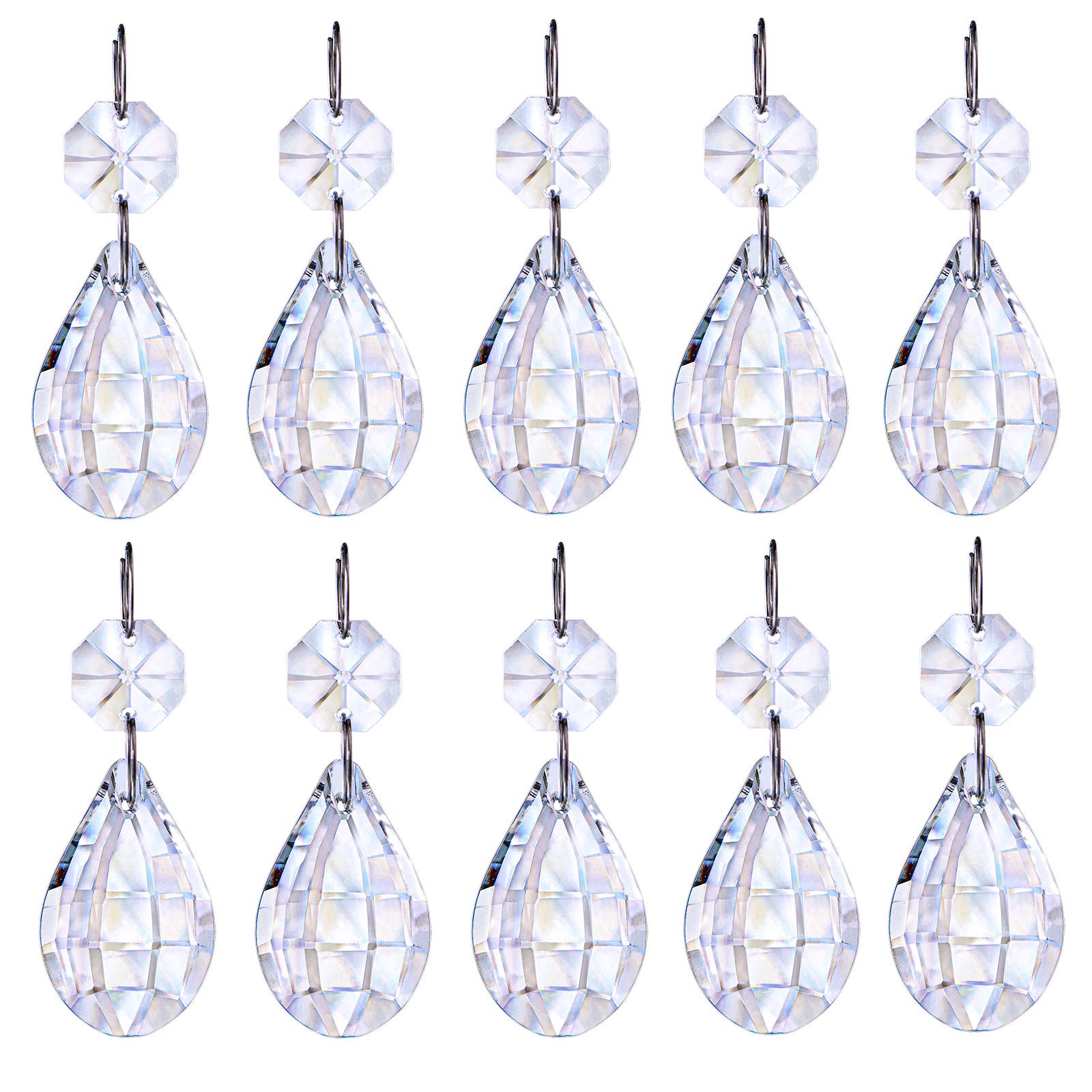 H&D HYALINE & DORA Hanging Glass Prism Parts with Silver Circle,Crystal Suncatcher for Christmas Tree Decoration, Chandelier, Art Projects, Pack of 10 (water drop shape)