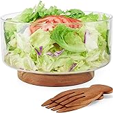 Large Glass Salad Bowl Set, 150 oz Salad Bowl with Acacia Wood Base and Salad Serving Utensils, Trifle and Fruit Bowl, Serving Bowls for Party, Dessert, Popcorn, Chips, Pasta, Kitchen Must Haves