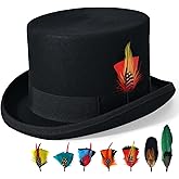 Willheoy Mens Top Hat for Women 100% Wool Black Felt Top Hat Costume with 7pcs Feather Party Dress Tophat Magician Hats