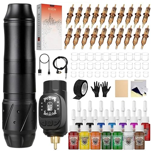 HAWINK Tattoo Kit Wireless Rotary Tattoo Machine with 1600mAh Battery LCD Digital Lithium 20PCS Cartridge Needles 14 Tattoo Inks EM155TI201EN02-1