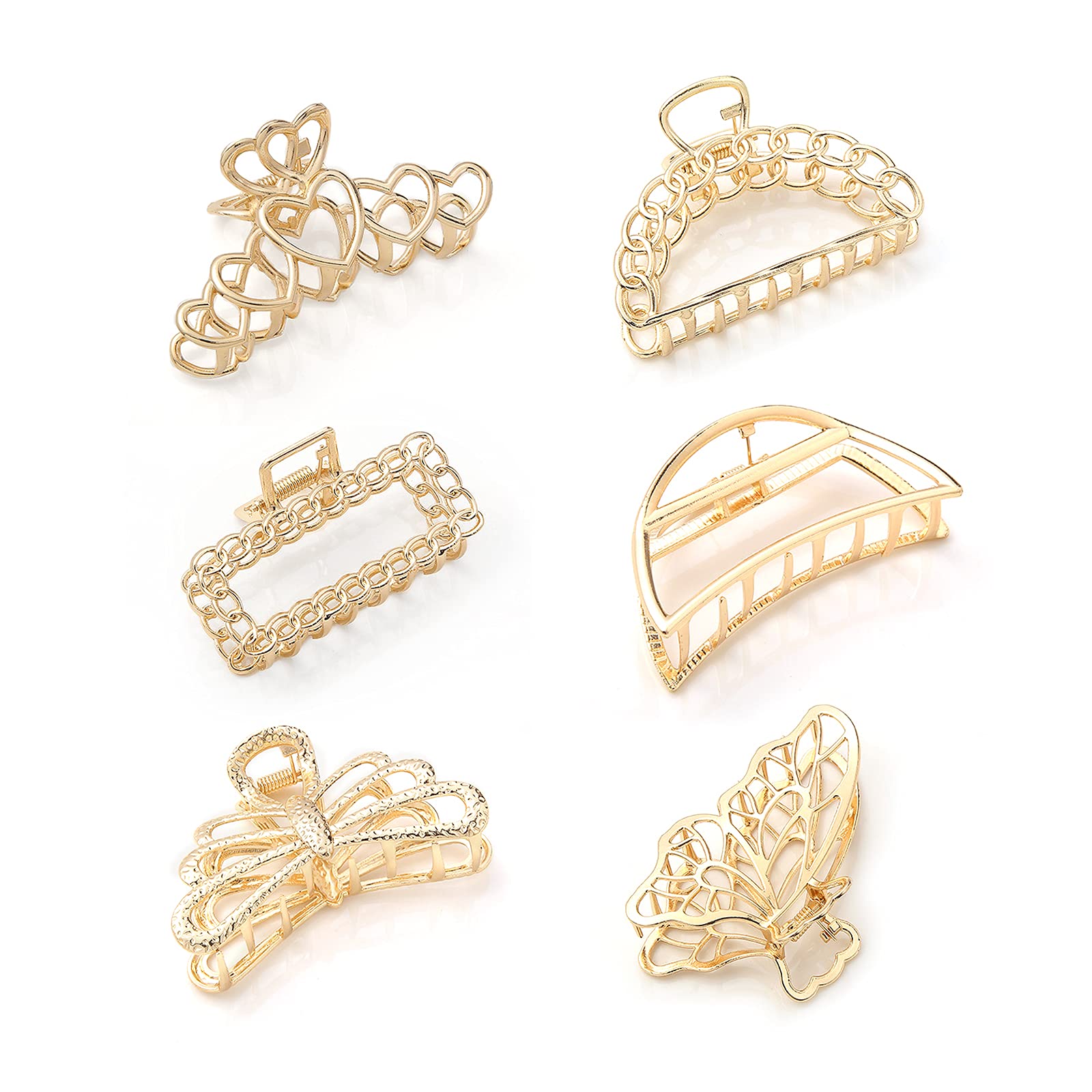 Gwoman's Metal Hair Claw Clip Gallery, Ultra Strong & Non-Slip Gold Hair Claws, 6 Pack, Ideal for Fine & Thick Hair