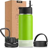 koodee Insulated Water Bottle 18 oz Stainless Steel Double Wall Vacuum Sports Water Bottle with 3 Lids-Girls Water Flask for School(Apple Green)