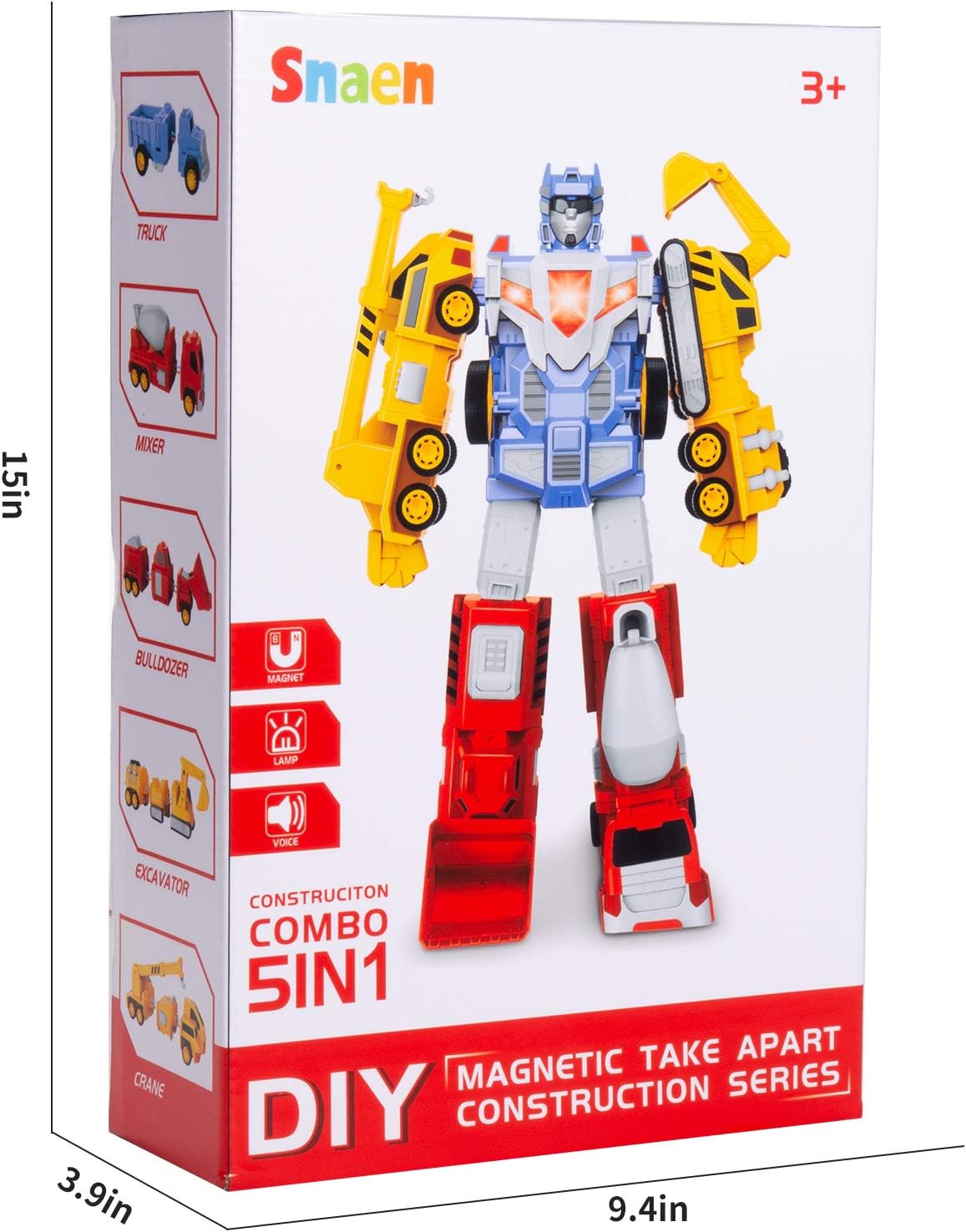 SNAEN 5-in-1 Construction Vehicles Transform into Robot Action Figures, Assemble into Giant Pull-Back Truck, for Kids, Boys & Girls: Toys & Games