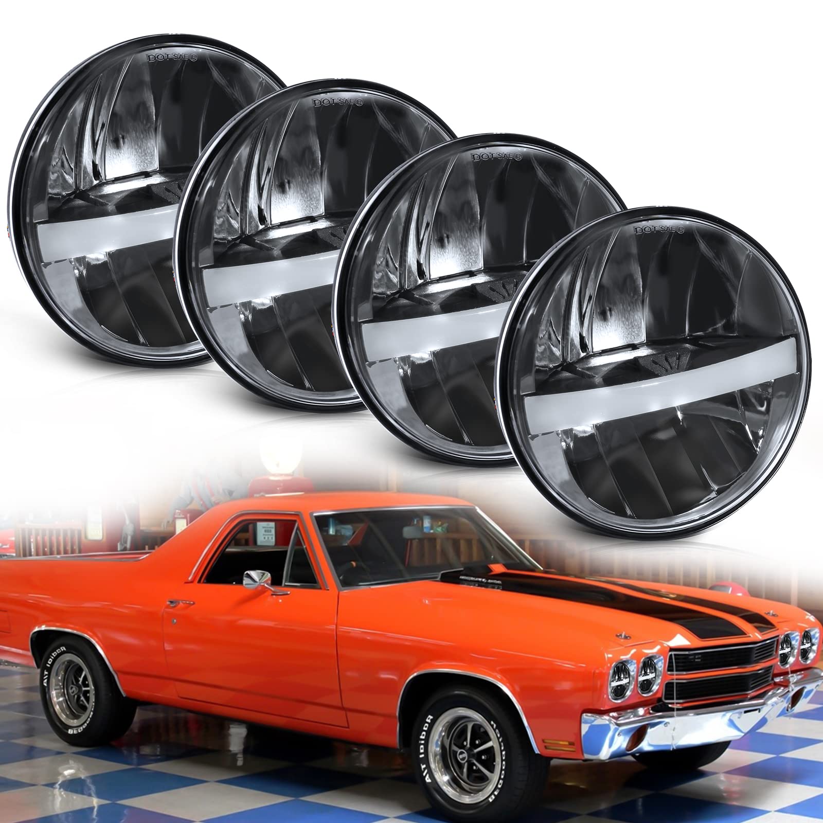 Photo 1 of UNI-SHINE 5 3/4'' 5.75 inch LED Headlights Round 4pcs Reflector Hi/Lo Beam with DRL Sealed Beam H5001 H5006 fit for Peterbilt 349 359 fit for Impala 59-76 fit for Dodge