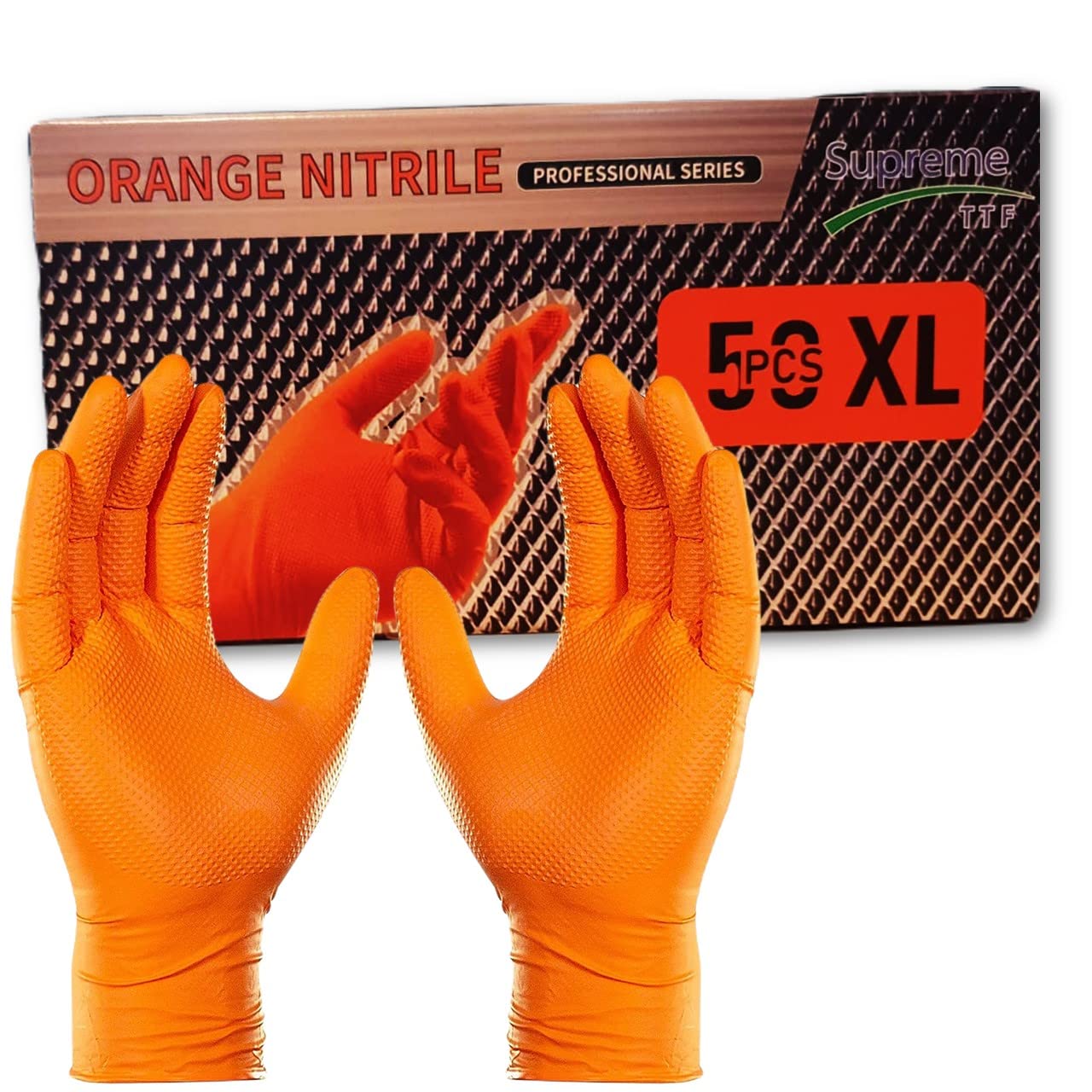 Supreme TTF Extra Strong 8.0 mil Thickness Orange HD Nitrile Powder Free & Latex Free Diamond Grip Gloves Box of 50 Gloves (Orange, XL (Size 10))
