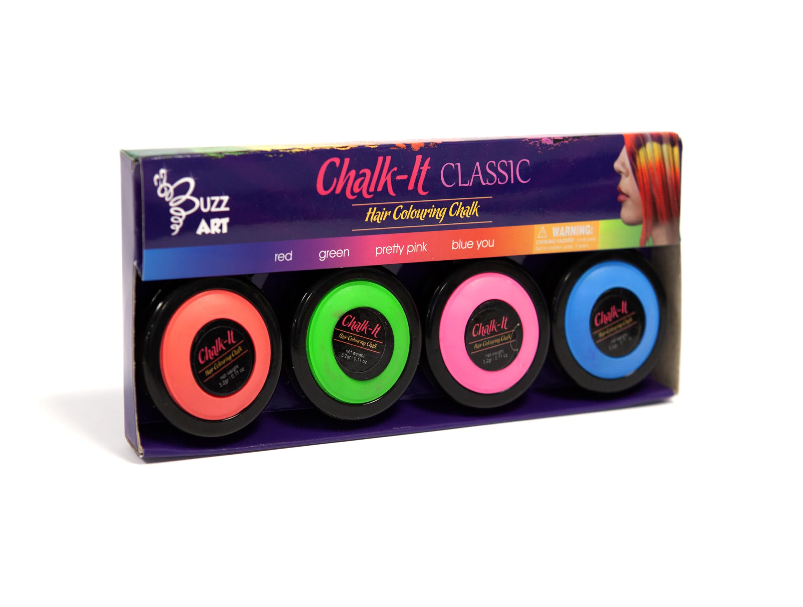 Chalk-It Classic – Hair Coloring Chalk Set with 4 Vibrant Shades (Red, Green, Pink, Blue), Temporary Hair Color for Kids & Adults, Easy to Apply & Wash Out