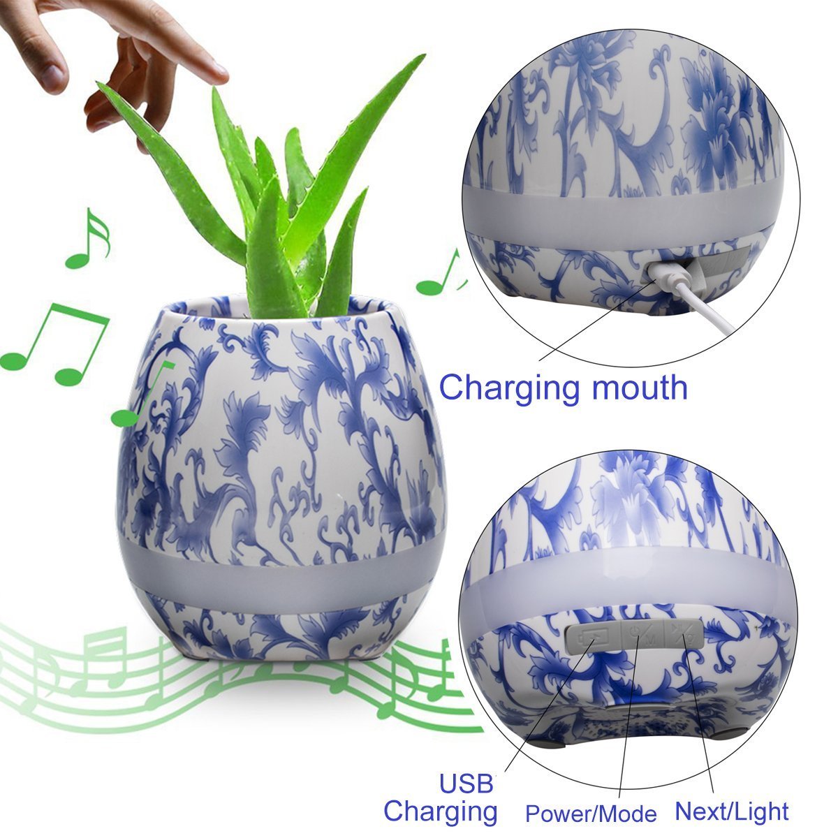Smart Flowerpot Music Plant Pot with LED Night Light Play the Piano Music & Light Round Pot Rechargeable Wireless Playing(Without Plants)