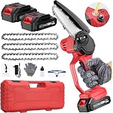 Mini Chainsaw Cordless 6-Inch, Handheld Chainsaw with Auto-Oiler, 2 Batteries &amp; 3 Chains, Portable Electric Chainsaw for Tree/Wood Cutting Trimming Gardening - Ideal Gift for Men, Women, Seniors.red