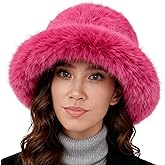 Andtry Faux Fur Bucket Hat for Women - Oversized Winter Long Pile Fur Wide Moldable Brim Warmer Cap