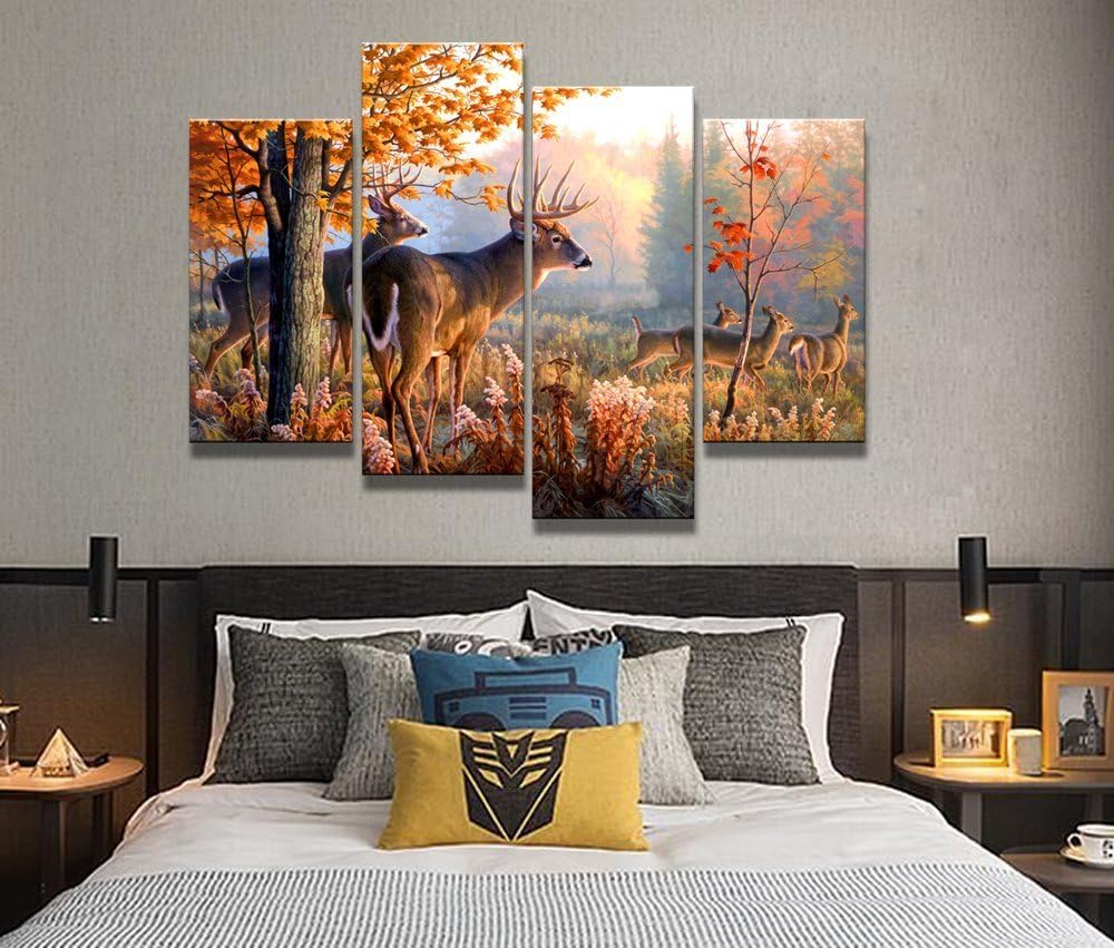 Amazon Com 4 Panel Wall Art Whitetail Deer In Autumn Sunlight Forest Painting The Picture Prints On Canvas Animal Pictures For Home Decor Decoration Gift Piece Posters Prints