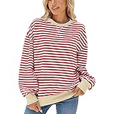 Fancy Uyee Women's Oversized Striped Crewneck Sweatshirt Long Sleeve Pullover Top Casual Y2K Fall Clothes 2026 Workout Shirt(Red White,XL)
