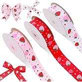 Strawberry Ribbon, Pastel Red Pink Strawberries Grosgrain Ribbon, (3 Rolls, 3 Patterns, 1 inch x 15 Yards Each Roll, 45 Yards TTL.) Fruits Ribbon for Spring Summer Wreaths, Trims, Gift Wrapping