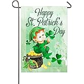 Happy St. Patrick's Day Garden Flag 12x18 Inch Double Sided Whimsical Leprechaun Gnome Gold Coin Pot Shamrock Clovers Yard Flag Saint Paddy's Day Decorations
