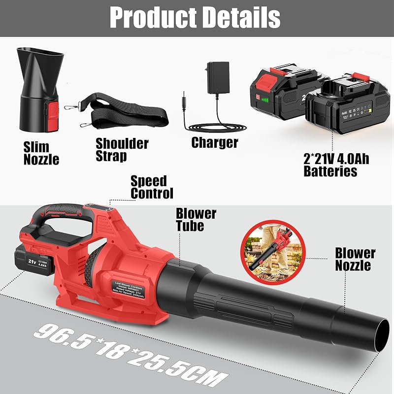 Souffleur à Feuilles sans Fil 21 V avec 2 Batteries 4,0 Ah avec 3 Vitesses (Rouge)