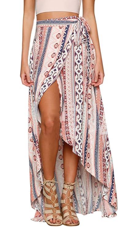 Maxirock Sommer Chiffon Asymmetrische Boho Röcke mit Blumenmuster Damen Hohe Taille Ethnischen Schlitz Wickelrock Strand Biki